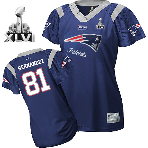 Patriots #81 Aaron Hernandez Blue 2011 Women's Field Flirt Super Bowl XLVI Stitched NFL Jersey - Click Image to Close